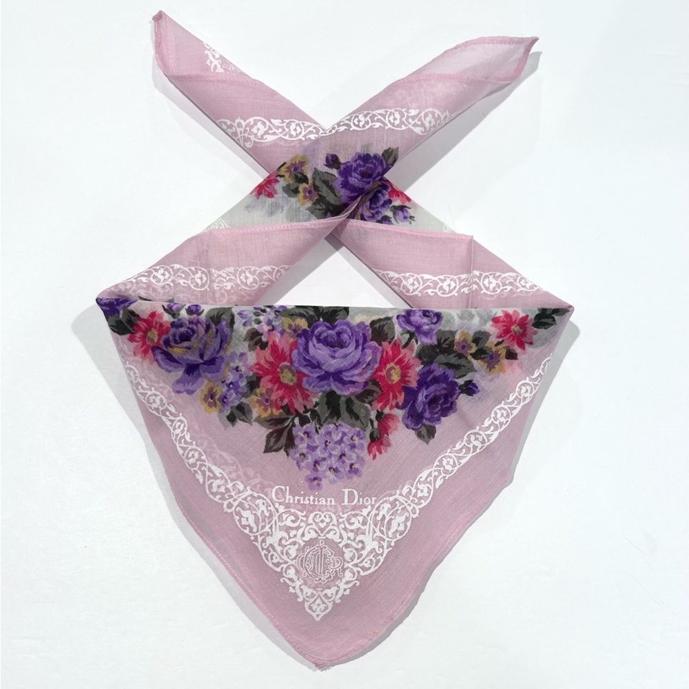 WOMEN HANDKERCHIEF CHRISTIAN DIOR Pink Floral Coquette BANDANA COTTON Scarf 18”